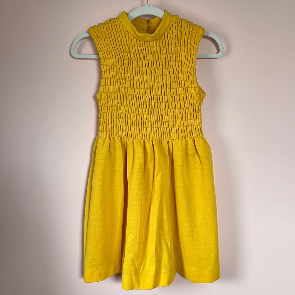VINTAGE Sleeveless Smocked Bodice Mini Dress Mustard Saffron Yellow XS